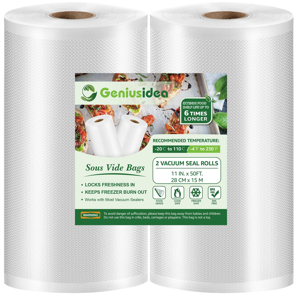 Geniusidea Food Saver Vacuum Sealer Bags 11" x 25'ft 4 Rolls