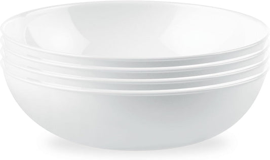 Corelle 4-Pc Meal Bowls Set Service for 4, Durable and Eco-Friendly 9-1/4-Inch Glass Bowls, Compact Stack Bowl Set, Microwave and Dishwasher Safe, White, 46 Ounces