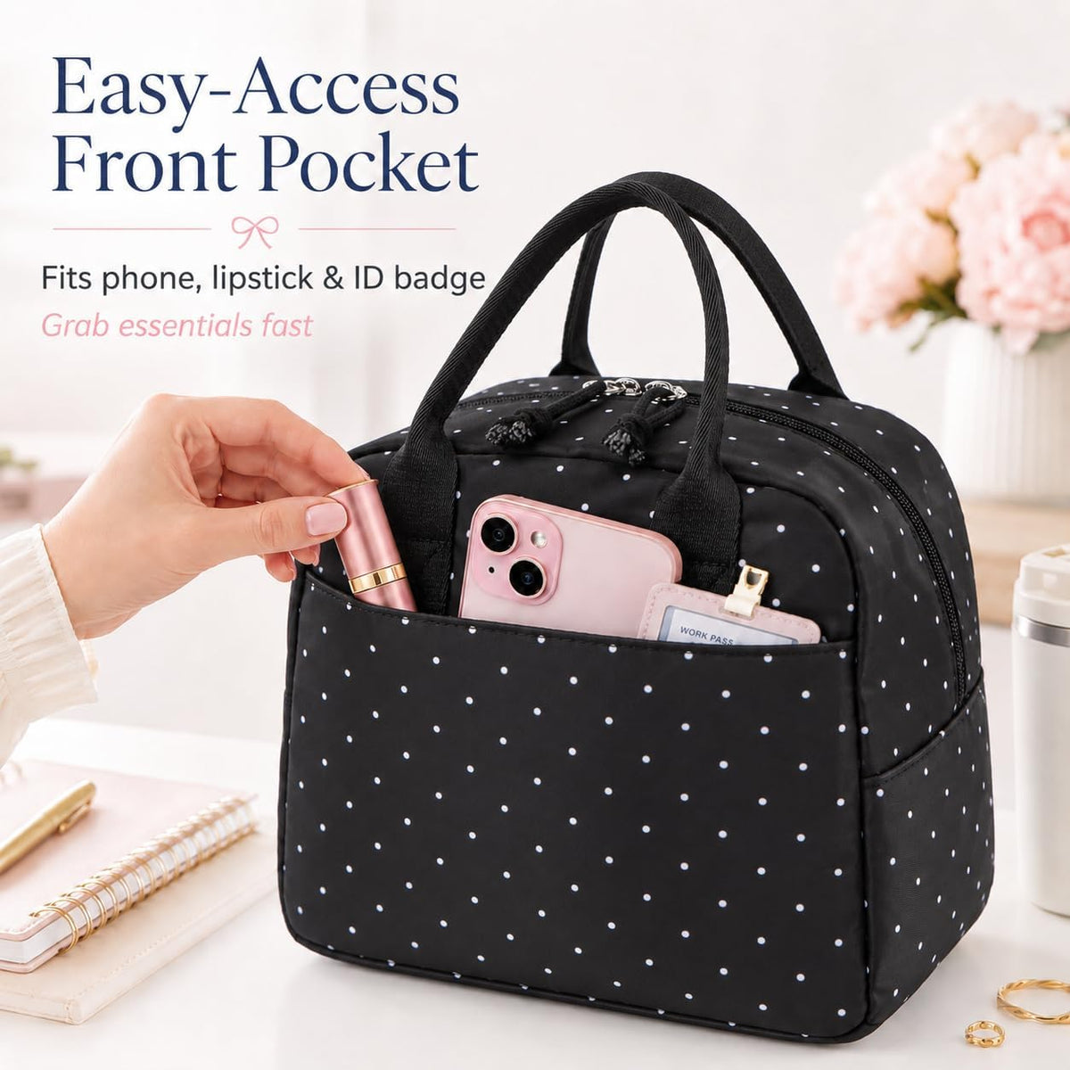 LOVELYWIND Women Lunch Box,Insulated Lunch Bag,Black Polka Dot 14-Can(9L)