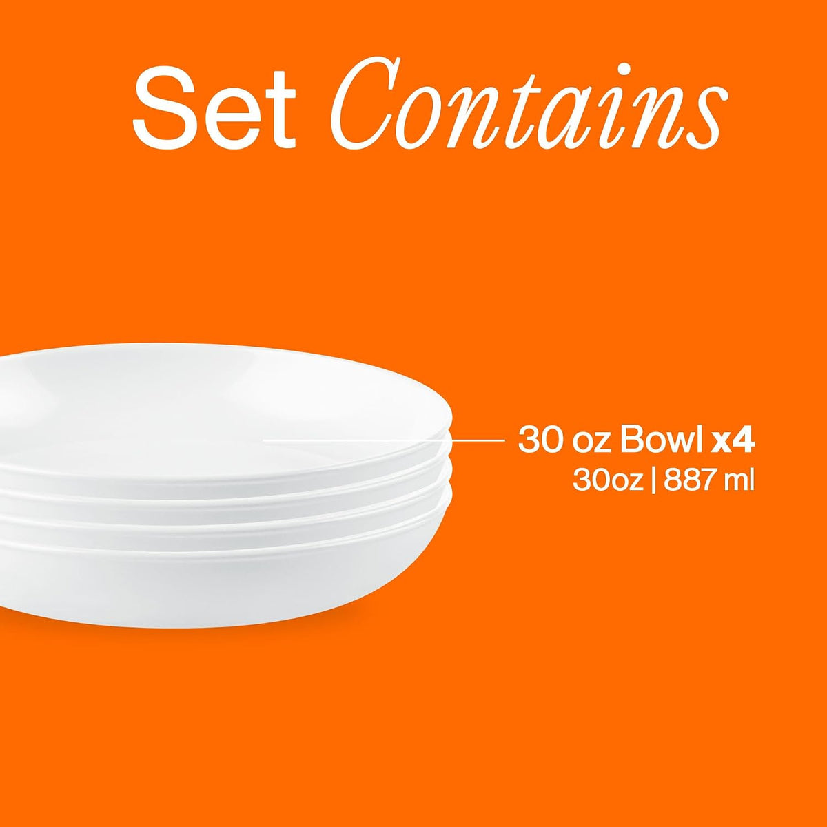 Corelle 4-Pc Versa Bowls for Pasta Salad and More, Service for 4, Durable and Eco-Friendly 30-Oz, Compact Stack Bowl Set, Microwave and Dishwasher Safe, White