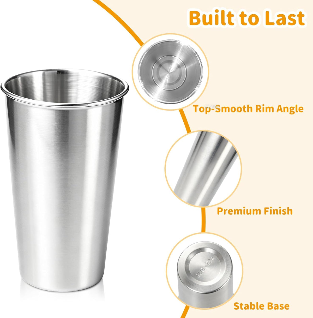 4 Pack 20 oz Stainless Steel Cups, Stackable&Reusable Pint Water Tumbler