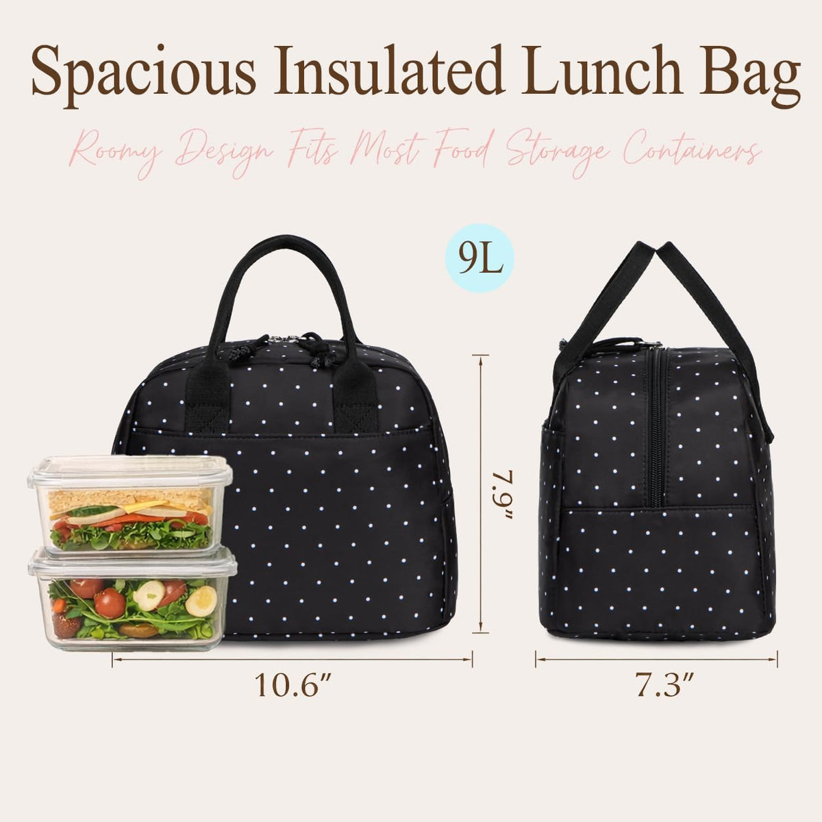 LOVELYWIND Women Lunch Box,Insulated Lunch Bag,Black Polka Dot 14-Can(9L)