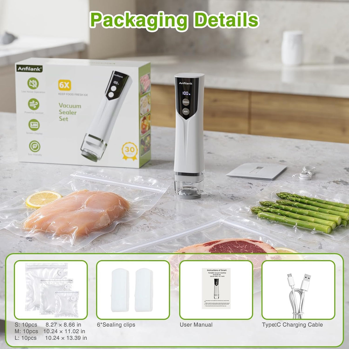 Handheld Food Vacuum Sealer for Food, 60kPa Vacuum, 55dB Ultra-Quiet