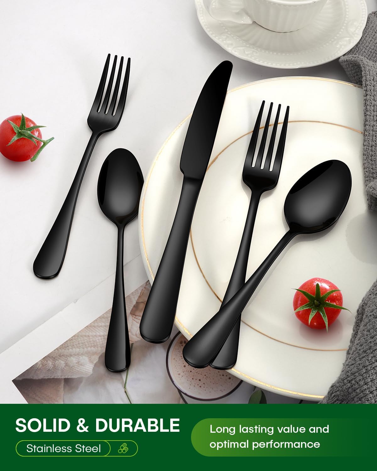 20 Piece Black Silverware Set, Stainless Steel Flatware Set for 4 Food Grade Novelty Flatware Cutlery Utensil Set Include Knife Fork Spoon Mirror Polished Dishwasher Safe