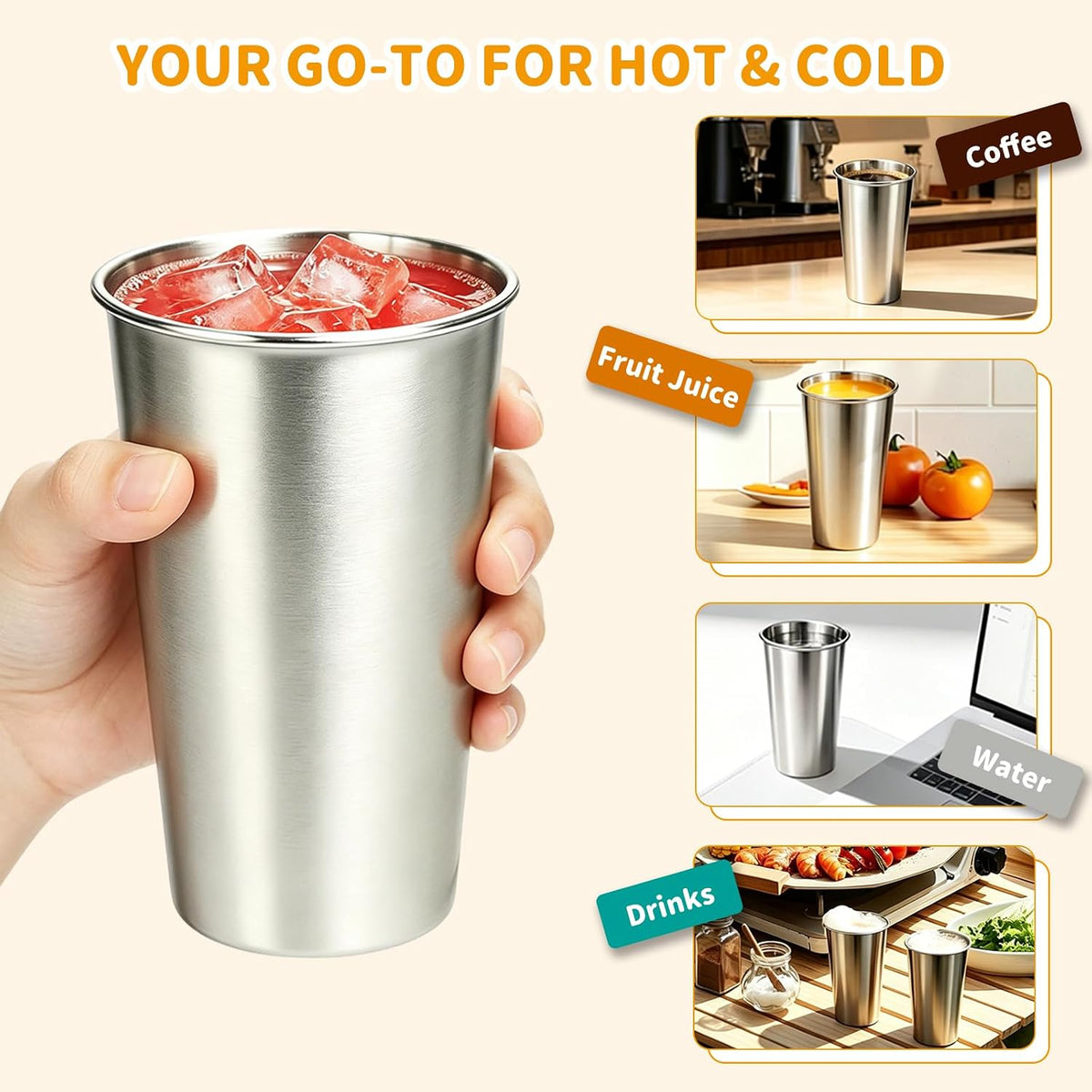 4 Pack 20 oz Stainless Steel Cups, Stackable&Reusable Pint Water Tumbler