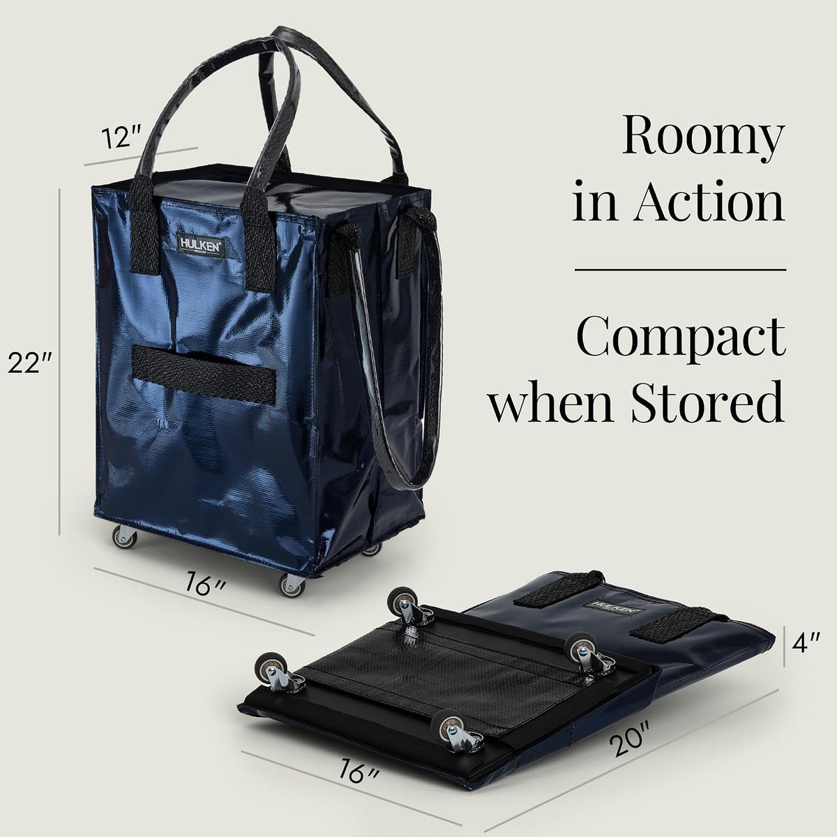 HULKEN - Medium Midnight Blue, Reusable Grocery Bag On Wheels, Holds 66 lb