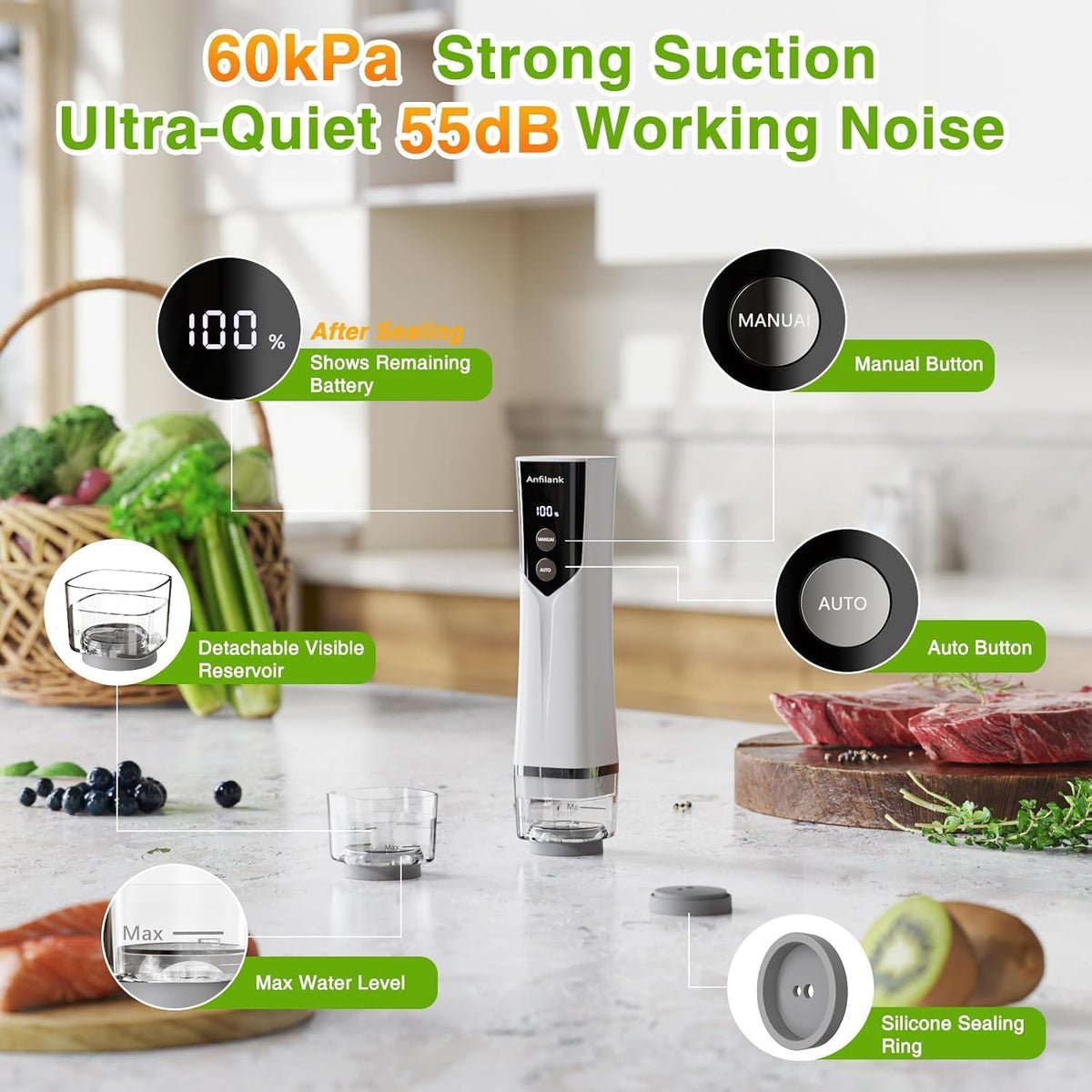 Handheld Food Vacuum Sealer for Food, 60kPa Vacuum, 55dB Ultra-Quiet