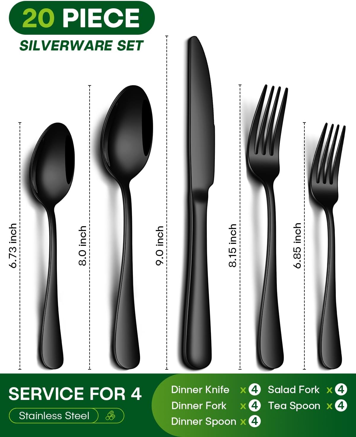20 Piece Black Silverware Set, Stainless Steel Flatware Set for 4 Food Grade Novelty Flatware Cutlery Utensil Set Include Knife Fork Spoon Mirror Polished Dishwasher Safe
