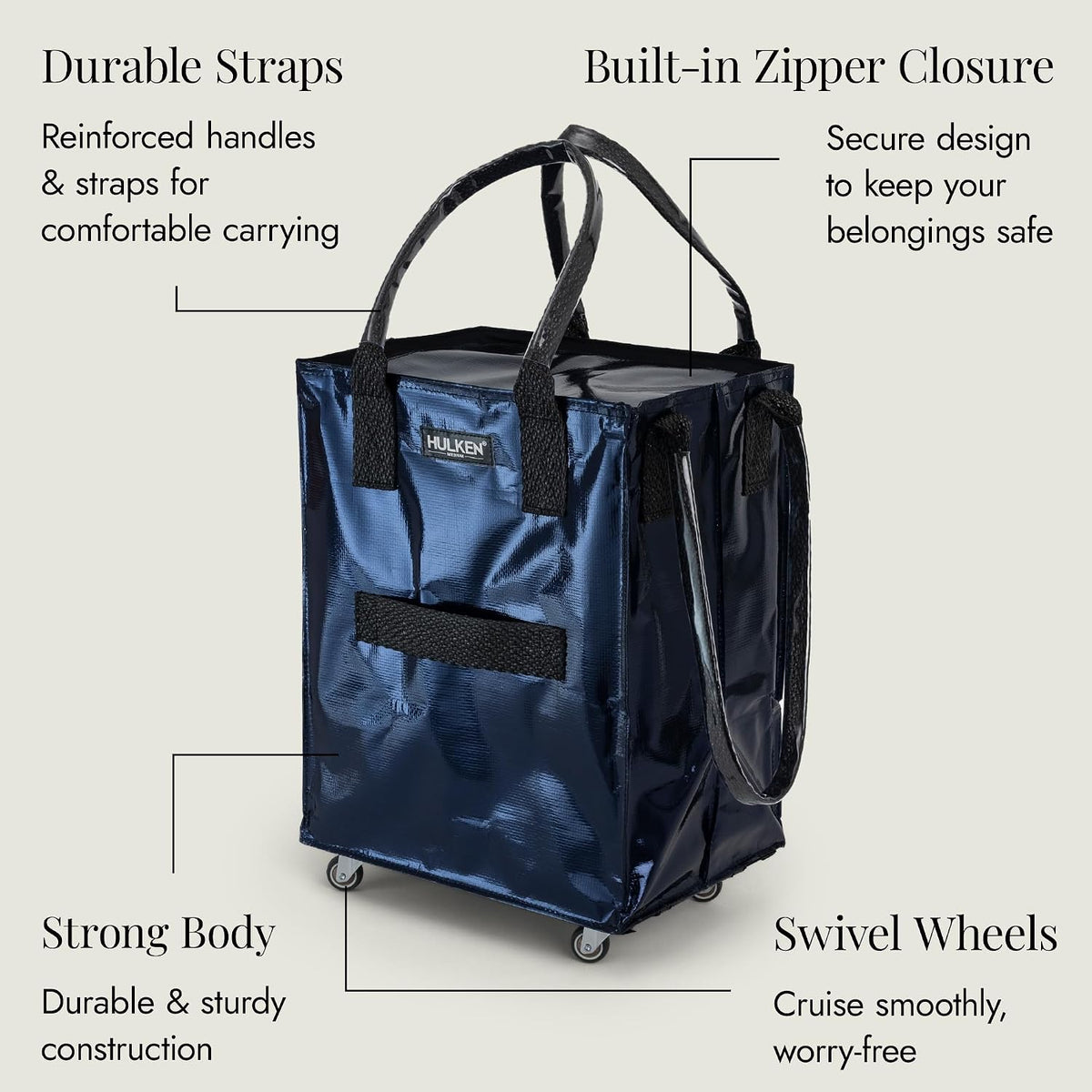 HULKEN - Medium Midnight Blue, Reusable Grocery Bag On Wheels, Holds 66 lb