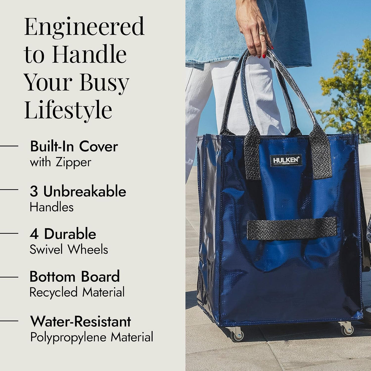 HULKEN - Medium Midnight Blue, Reusable Grocery Bag On Wheels, Holds 66 lb
