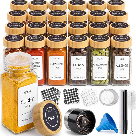24 Pack Glass Spice Jars : 492 Lables & Pepper Grinder & Bamboo Lids