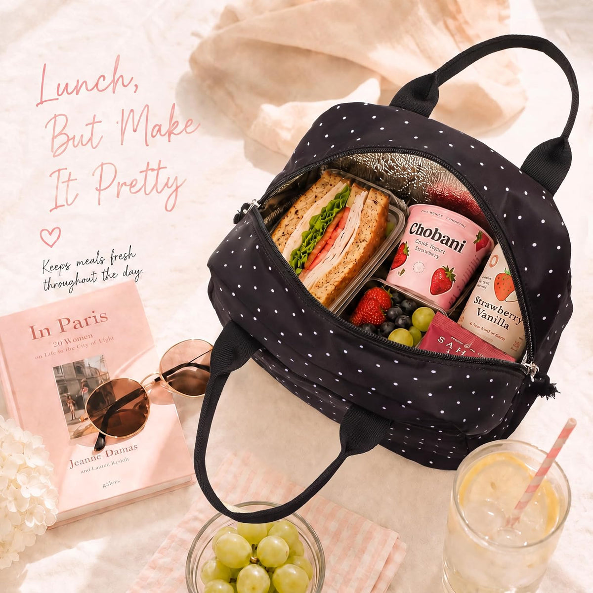LOVELYWIND Women Lunch Box,Insulated Lunch Bag,Black Polka Dot 14-Can(9L)