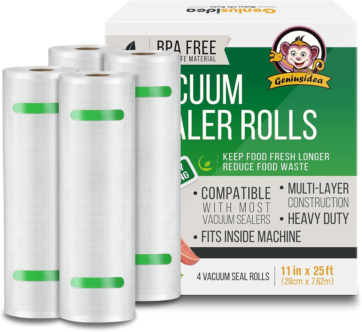 Geniusidea Food Saver Vacuum Sealer Bags 11" x 25'ft 4 Rolls